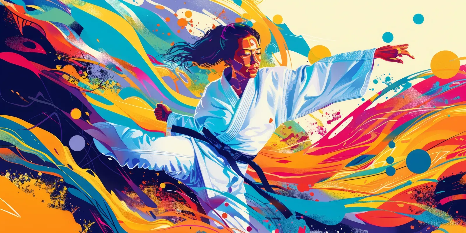 A Japanese woman in a blue judo gi throws during a match with colorful paint-splash motion behind her.