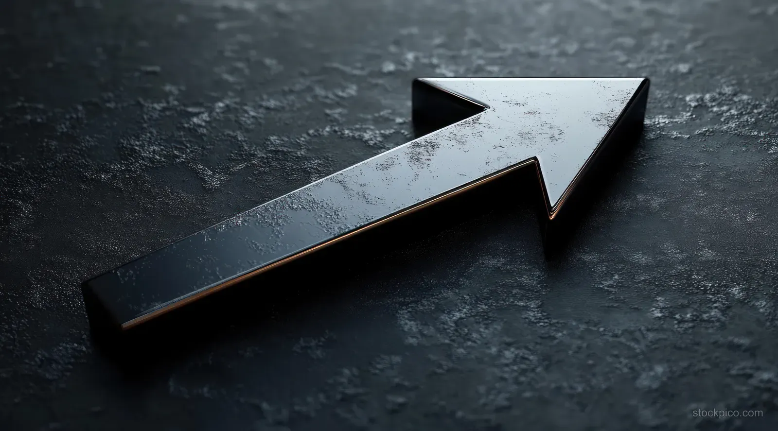 A black metallic arrow points diagonally upward on a textured dark surface with glossy reflections.