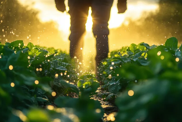 A farmer sprays pesticide mist over green vegetable rows in bright morning garden sunlight.