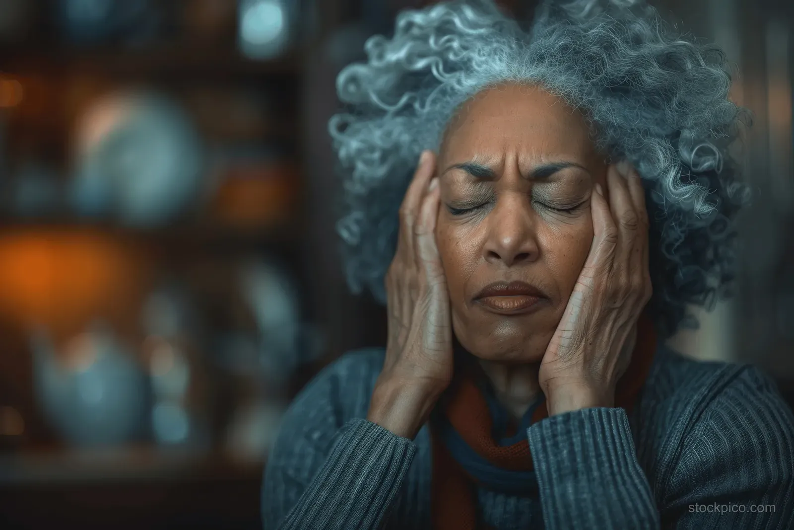 An elderly African-American woman holds her temples at home, showing a headache and stress in her facial expression.