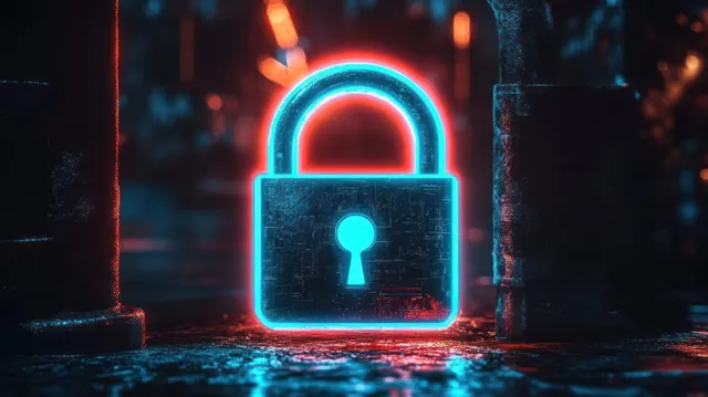 A neon padlock glows in a dark alley with blue and red light reflections.