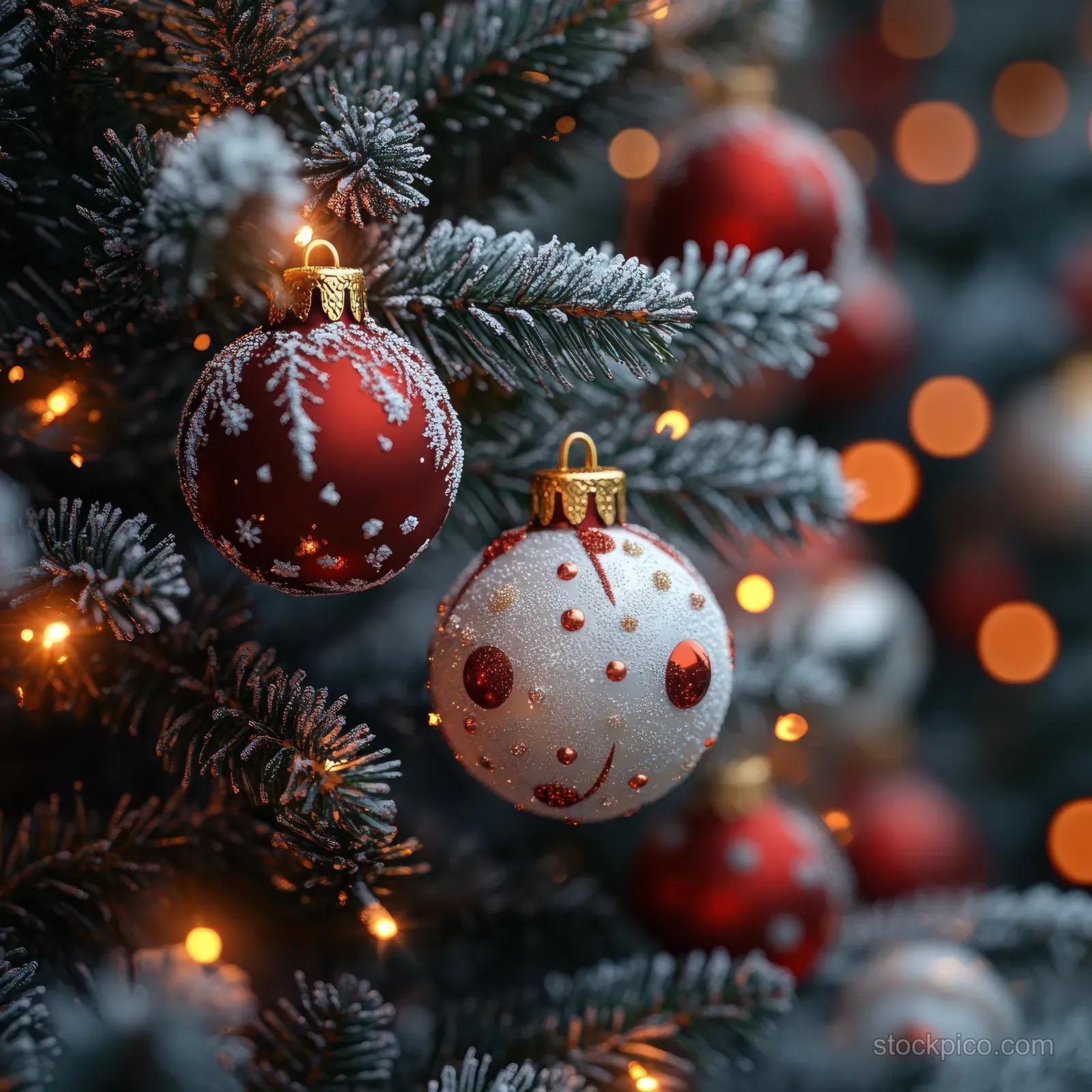 A decorated Christmas tree branch with red ornaments and warm lights sits against a softly blurred snowy bokeh background.