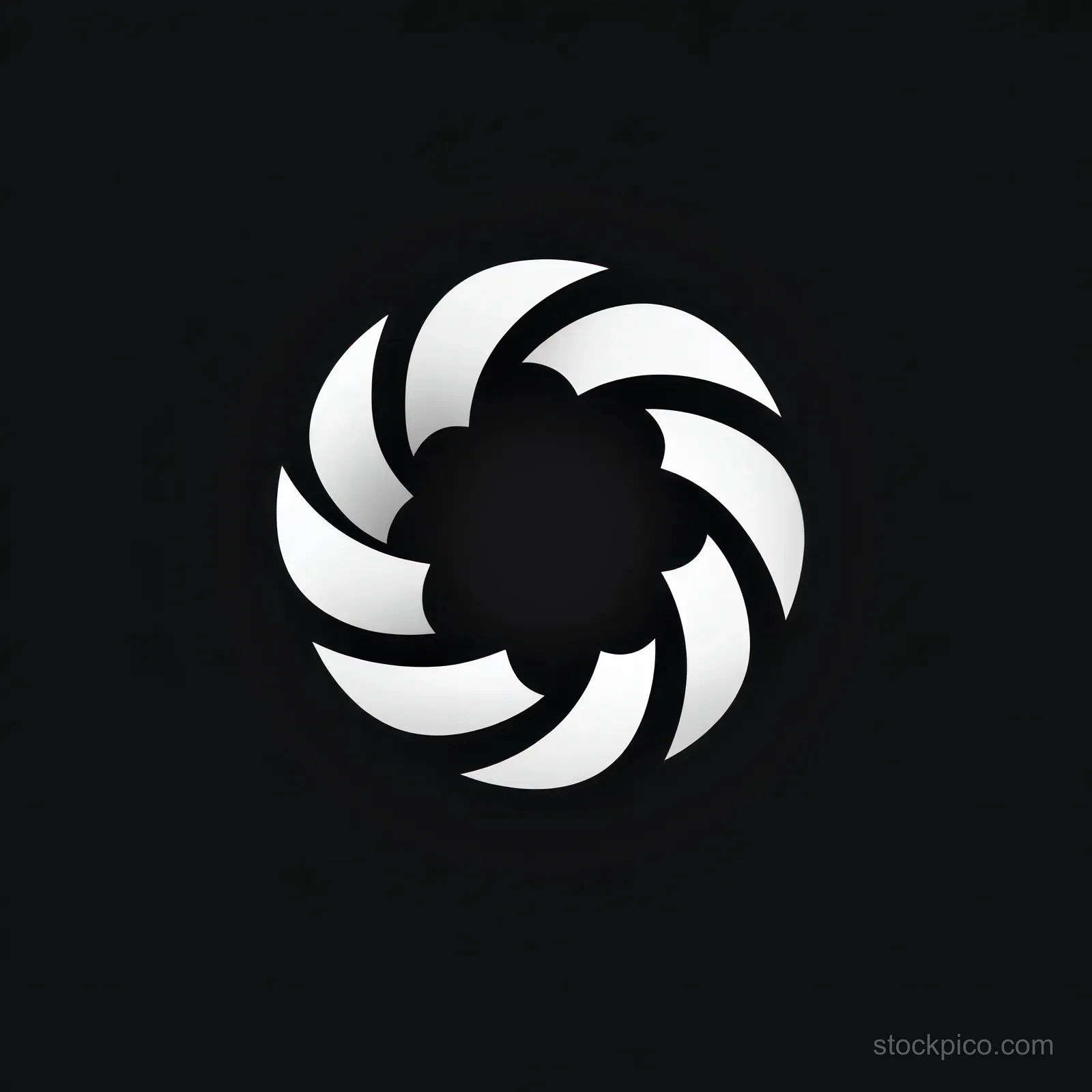 White curved-blade spiral forms a circular emblem around a dark central shape on a black background.