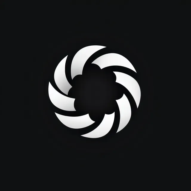 White spiral blades forming a centered circular icon on a black background