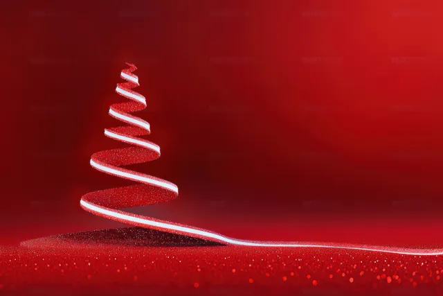 A glowing white spiral Christmas tree rests on a red gradient background with subtle sparkles.