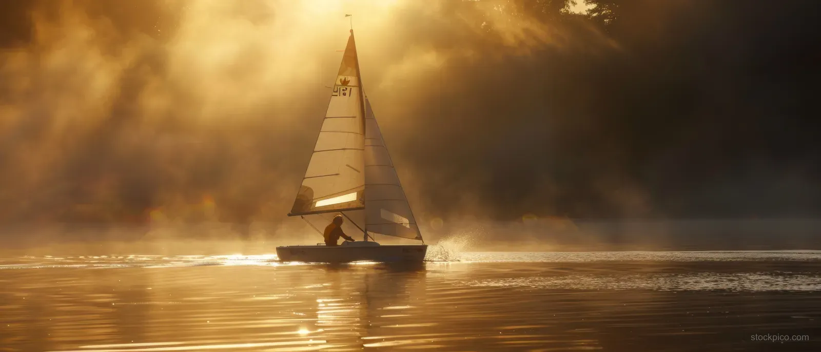 A Nacra 17 catamaran with a sailor glides on calm water during a misty sunrise.