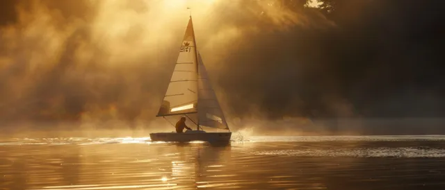 Canadian sailor on a Nacra 17 catamaran cutting through misty sunrise waters