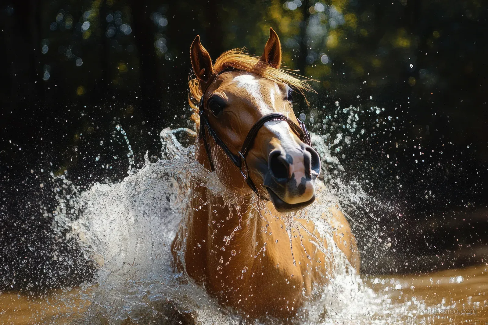 A brown horse splashes water during a bath with droplets flying around its face in a farm paddock.