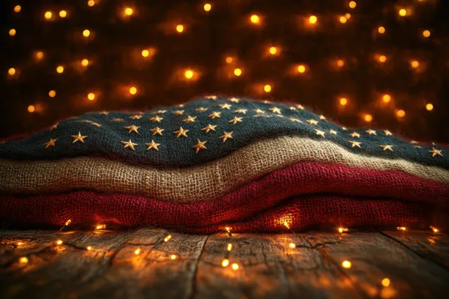 A folded American flag lies on a wooden surface with warm lights behind it.