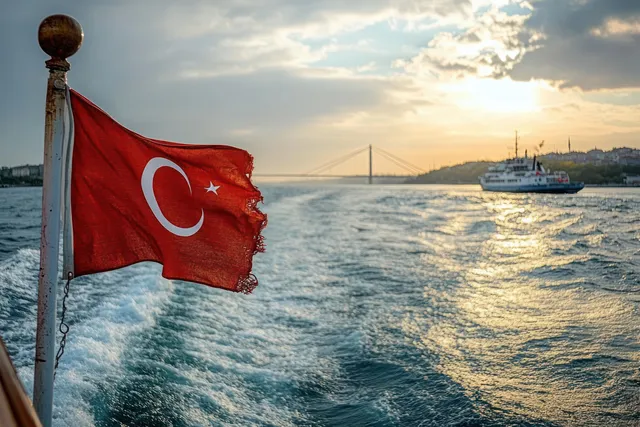 A Turkish flag waves beside a ship while the Bosphorus bridge and cargo vessel appear in sunset light.