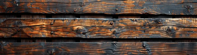Rustic brown wooden slats fill a seamless panoramic wall texture with dark grain lines and knots.