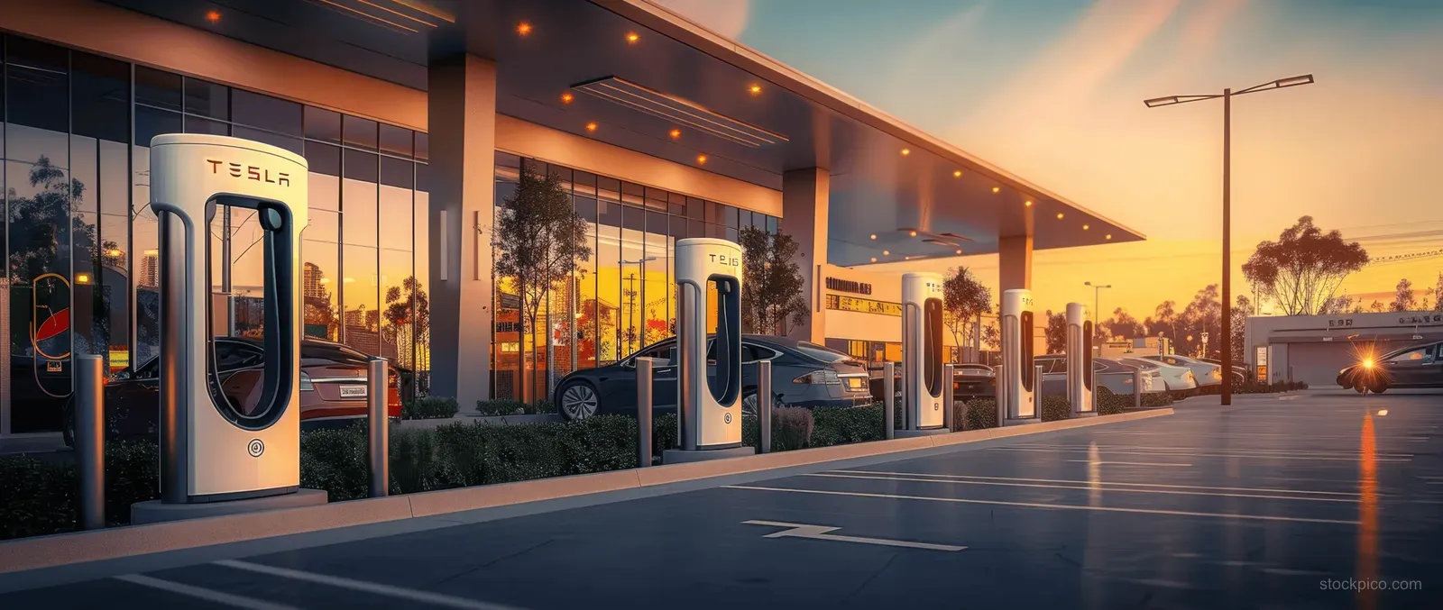 White electric vehicle charging stations stand in a shopping center parking lot under a sunset flare.