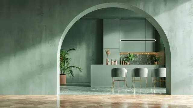Minimal green kitchen interior with arched wall opening, makeup table, and chairs