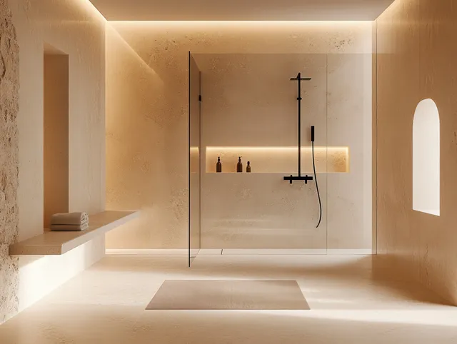 Minimalist beige bathroom interior with a walk-in glass shower, backlit shelf of bottles, textured walls, and a small arched window.