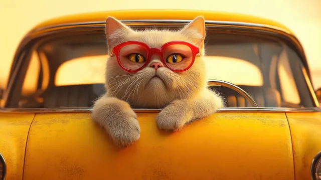 A fluffy cat with red glasses drives a yellow vintage car in a warm cartoon scene.