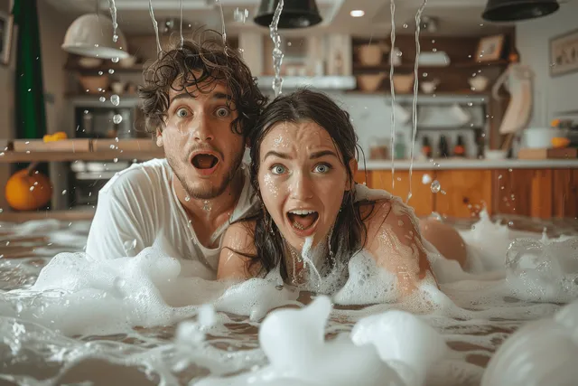 A surprised couple looks shocked as soapy water floods a kitchen, with soap bubbles splashing around.