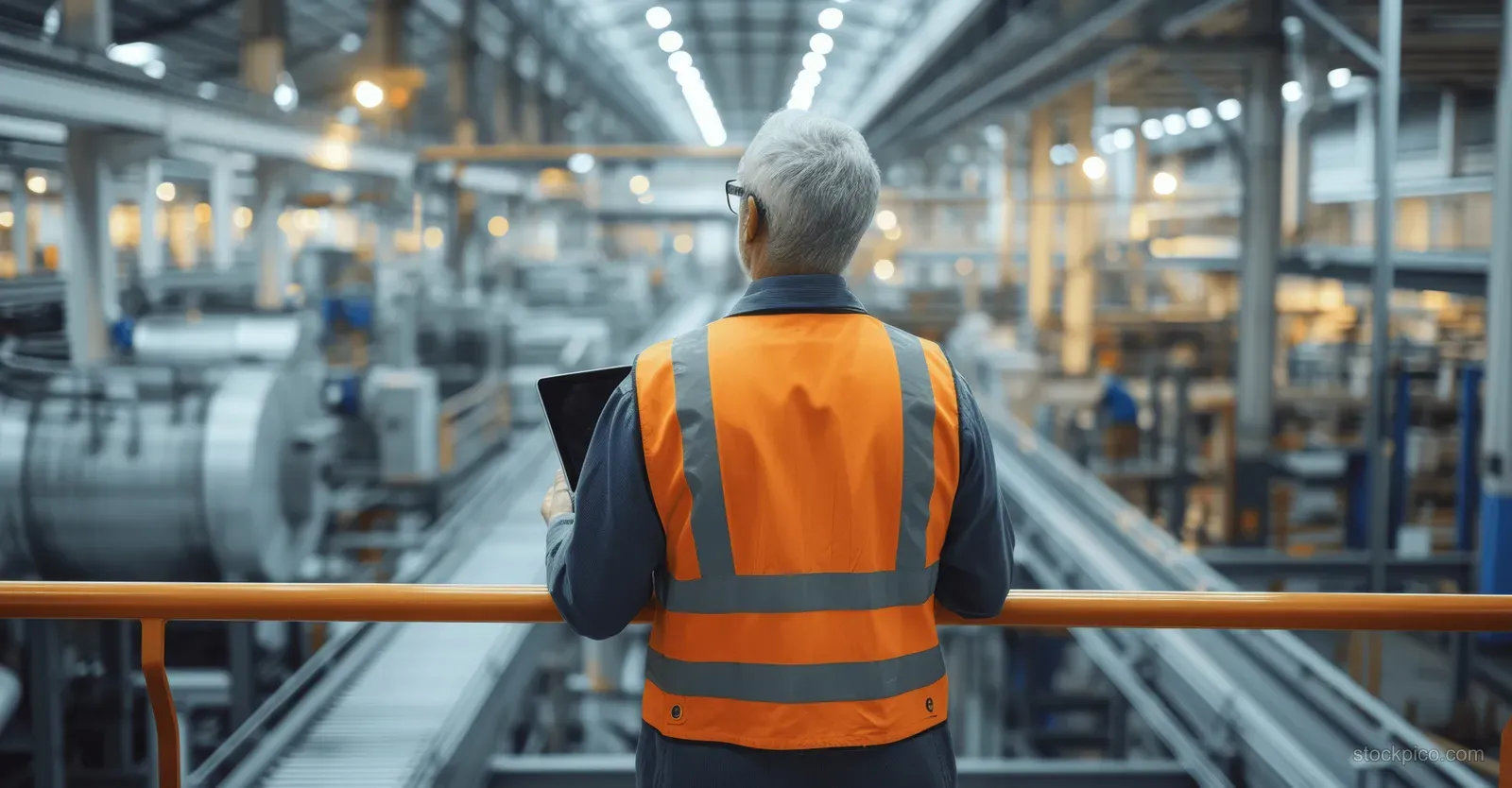 Industrial engineer in safety vest checks production data on a laptop while walking through a factory.