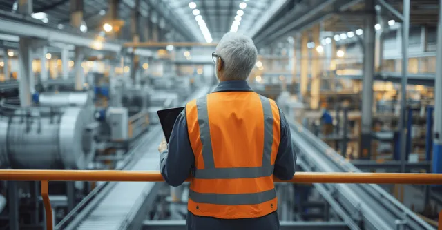 Industrial engineer in safety vest checks production data on a laptop while walking through a factory.