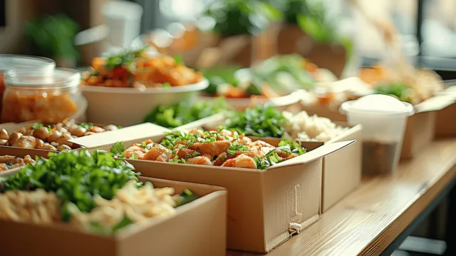 Asian takeout meals in eco-friendly cardboard boxes on an office table