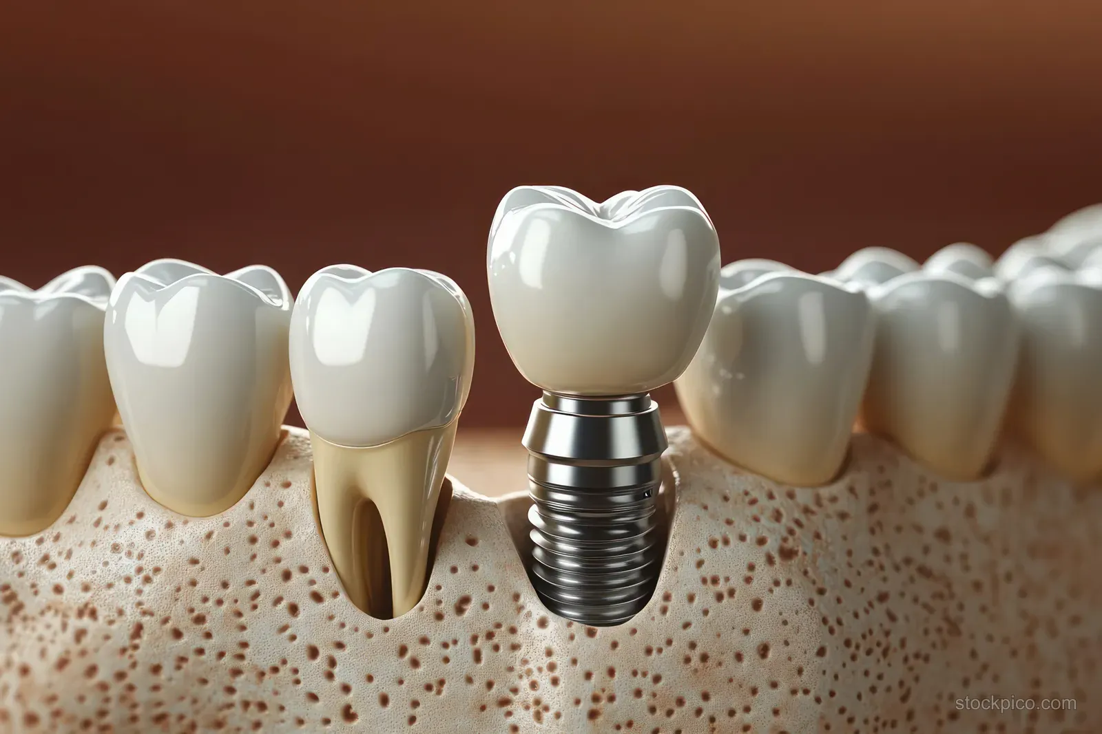 Dental implant screw with crown sits in jawbone beside surrounding natural teeth and visible gum tissue.