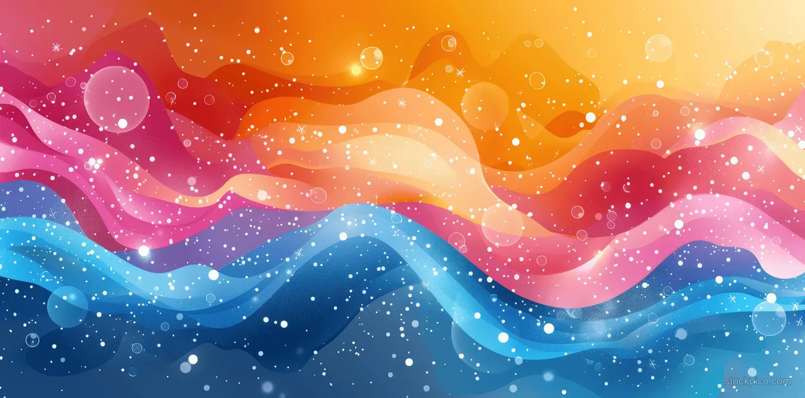 Layered pastel waves and scattered dots on a colorful gradient background.