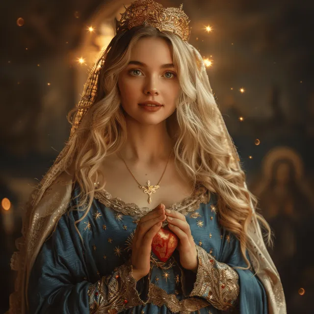 Blessed Virgin Mary in a blue dress holding the Sacred Heart with a glowing halo and golden light rays.
