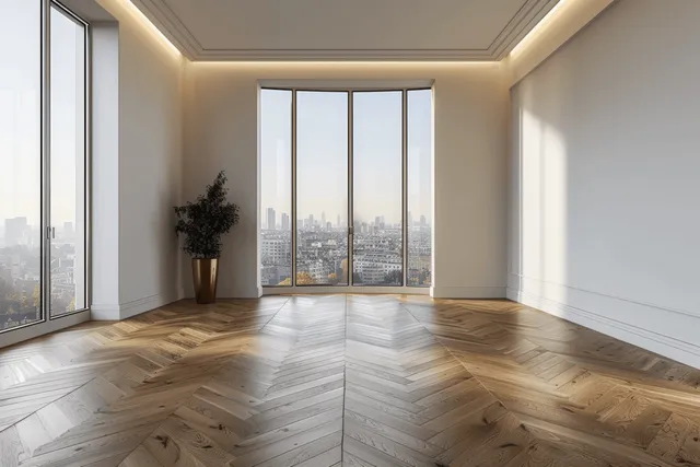 Empty modern apartment living room with chevron wood floor and panoramic skyline windows