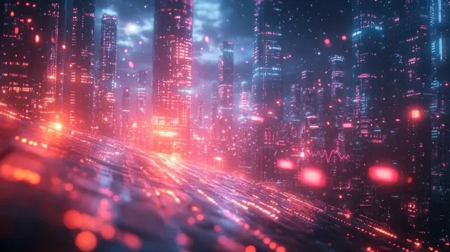 Neon cyberpunk network visualization over futuristic city skyline with data streams