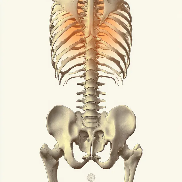 Rear view human skeleton illustration displaying the spine, sacrum, and hip pelvis bones on a light background.