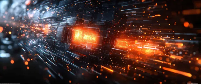 Futuristic glowing city data stream with orange cubes and cinematic dark backlighting