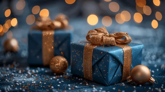 Blue Christmas gift boxes with gold ribbons rest on a table amid glowing bokeh lights and scattered ornaments.