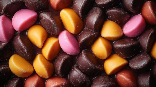 Close-up pile of teardrop candies in brown, pink, and yellow glossy candy colors