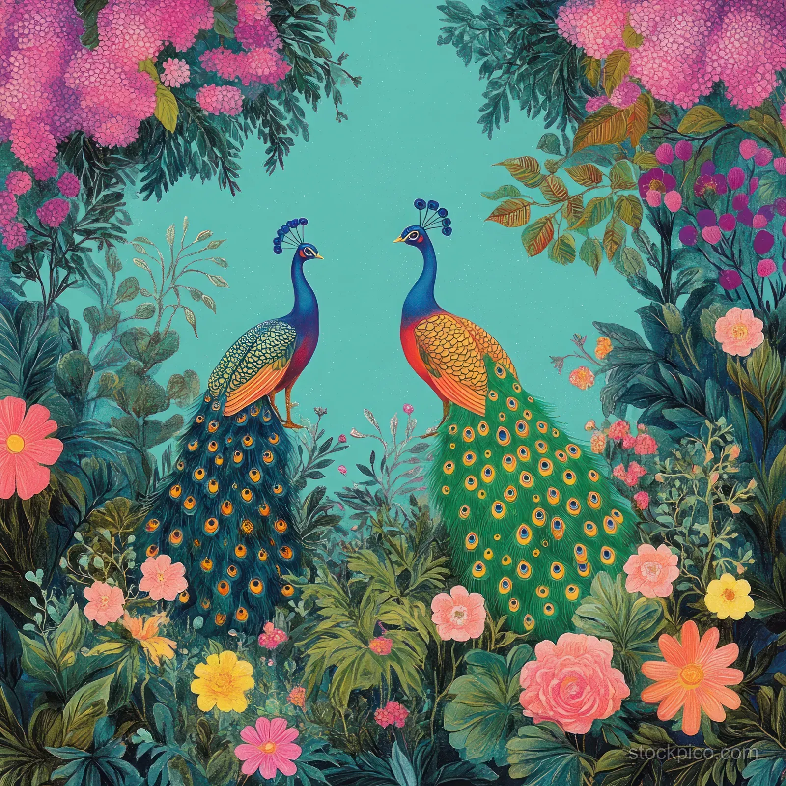 Art Nouveau Tropical Garden with Colorful Peacocks and Floral Ornamental Patterns