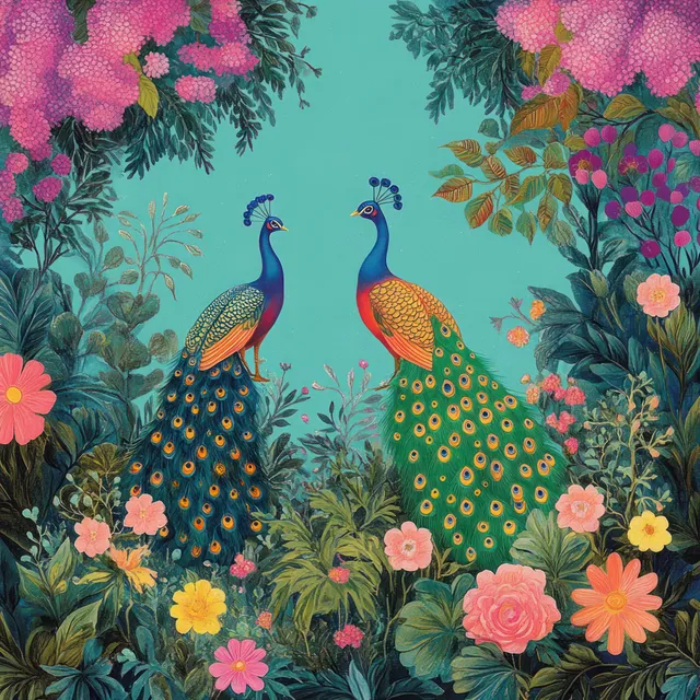 Art Nouveau Tropical Garden with Colorful Peacocks and Floral Ornamental Patterns