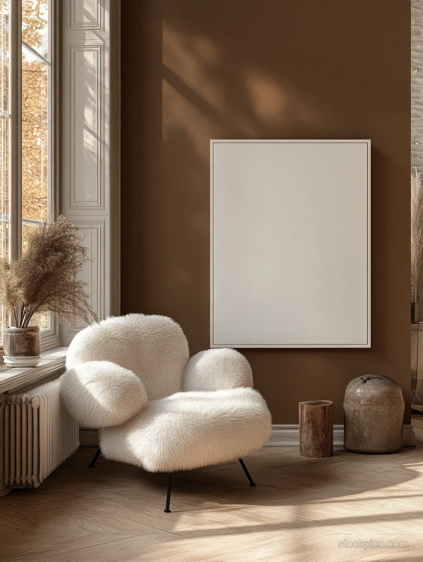 Fluffy white chair sits beside a blank canvas on a warm wall in a bright Scandinavian living room.