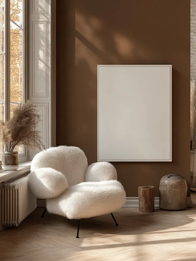 Fluffy white chair sits beside a blank canvas on a warm wall in a bright Scandinavian living room.
