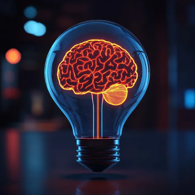 Neon brain glowing inside a transparent light bulb on a dark tech backdrop with Brain And Mind