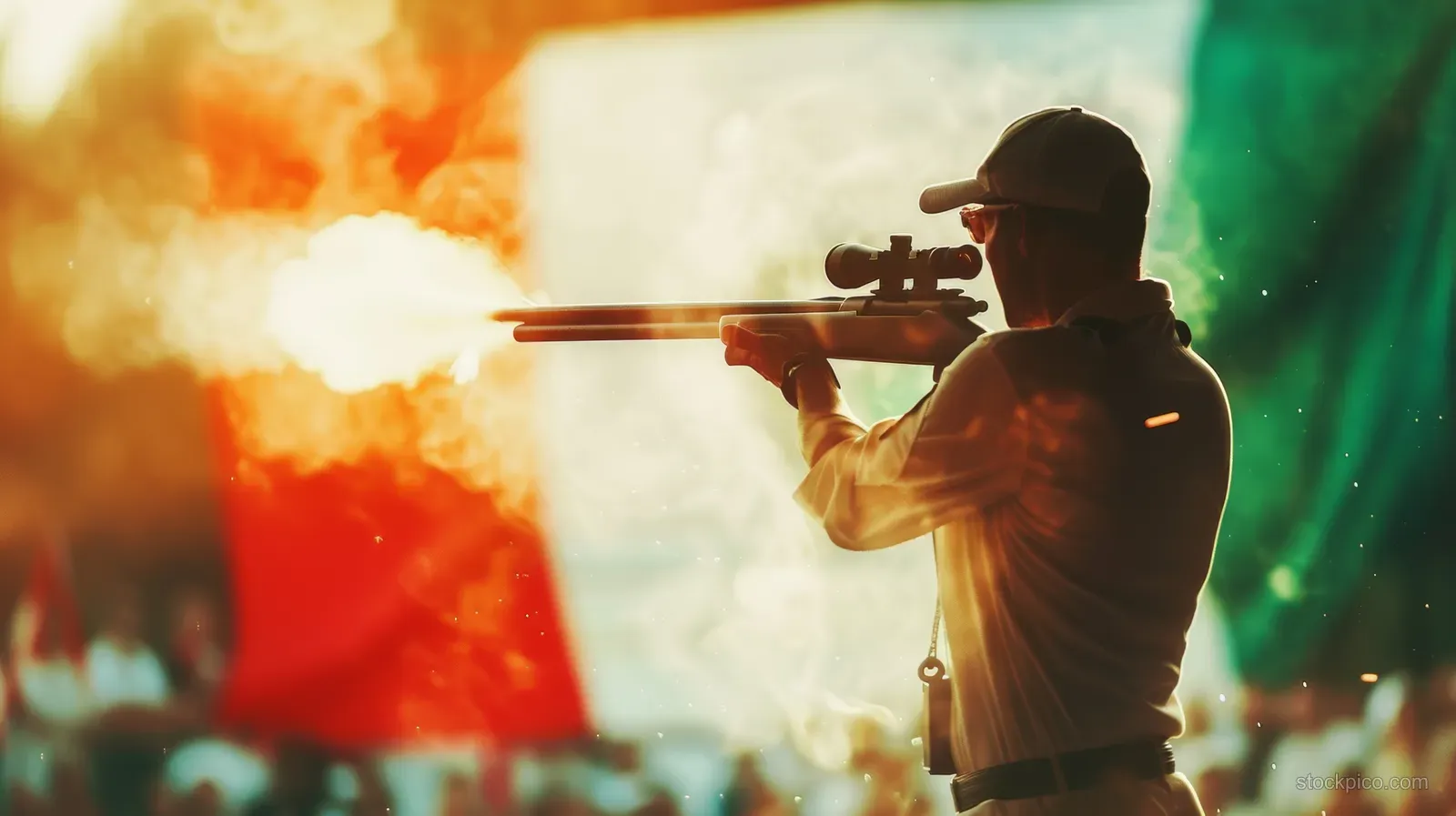 Italian rifle shooter fires at a target on a 50m shooting range with blurred spectators in the background.