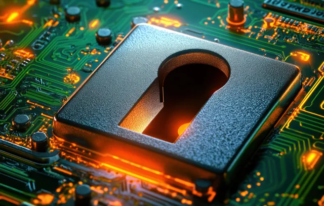 Metallic padlock cutout on a microchip sits on a circuit board with glowing orange traces.