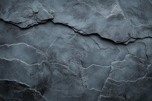 Close-up of a dark gray stone surface with rough texture and branching natural cracks.