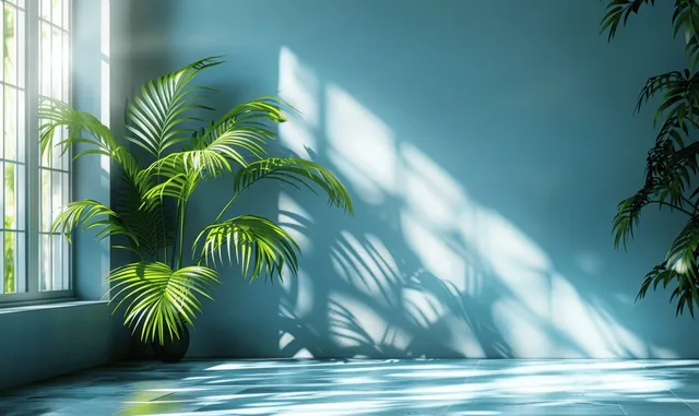 Minimal light blue interior with palm leaf shadows across a clean floor surface