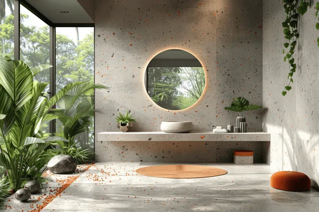 Minimalist concrete bathroom with orange speckled walls, round backlit mirror, stone sink, floating shelf, and plants.