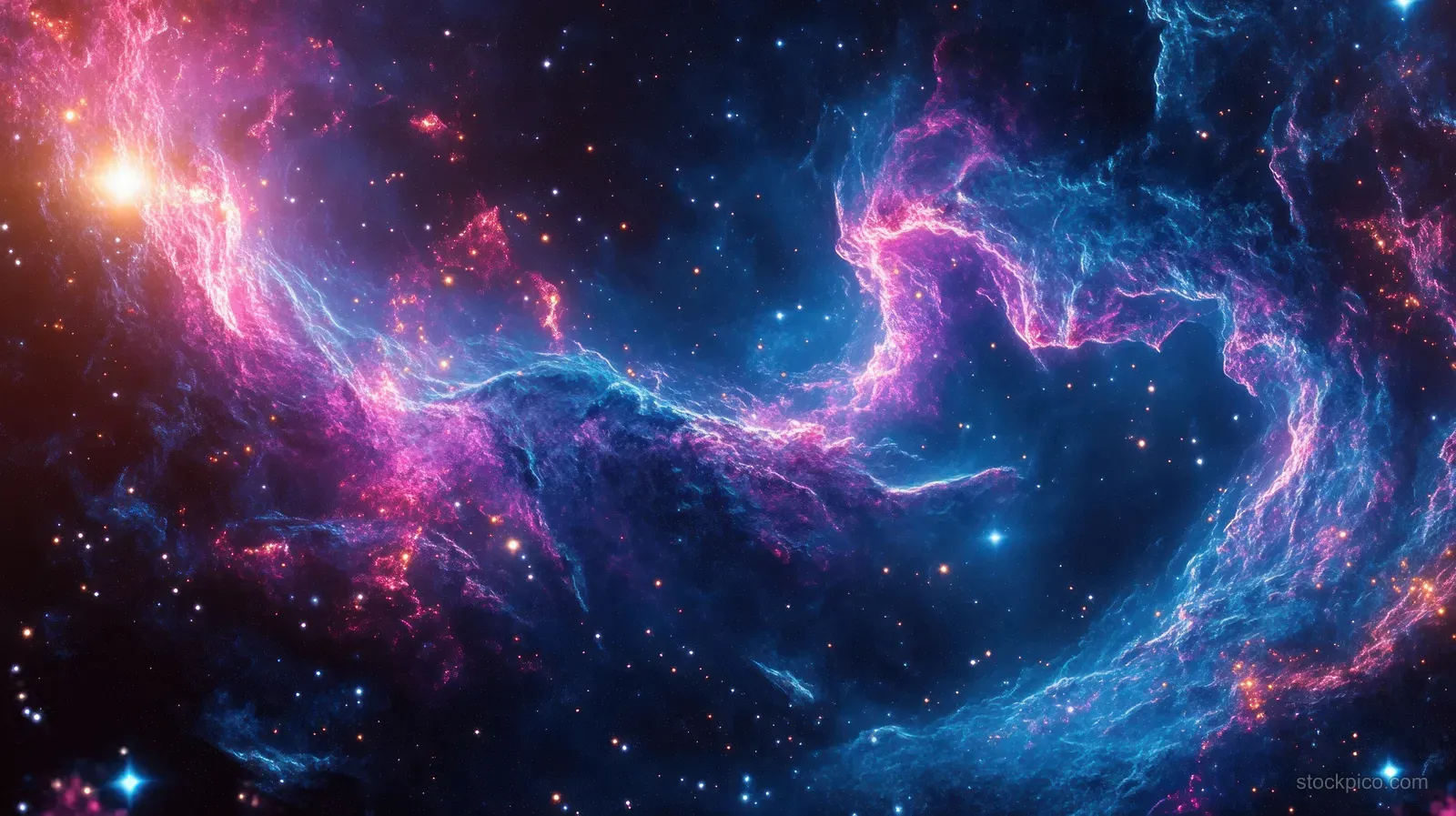 Swirling blue and magenta nebulae glow around scattered bright stars in deep space.