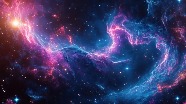 Swirling blue and magenta nebulae glow around scattered bright stars in deep space.