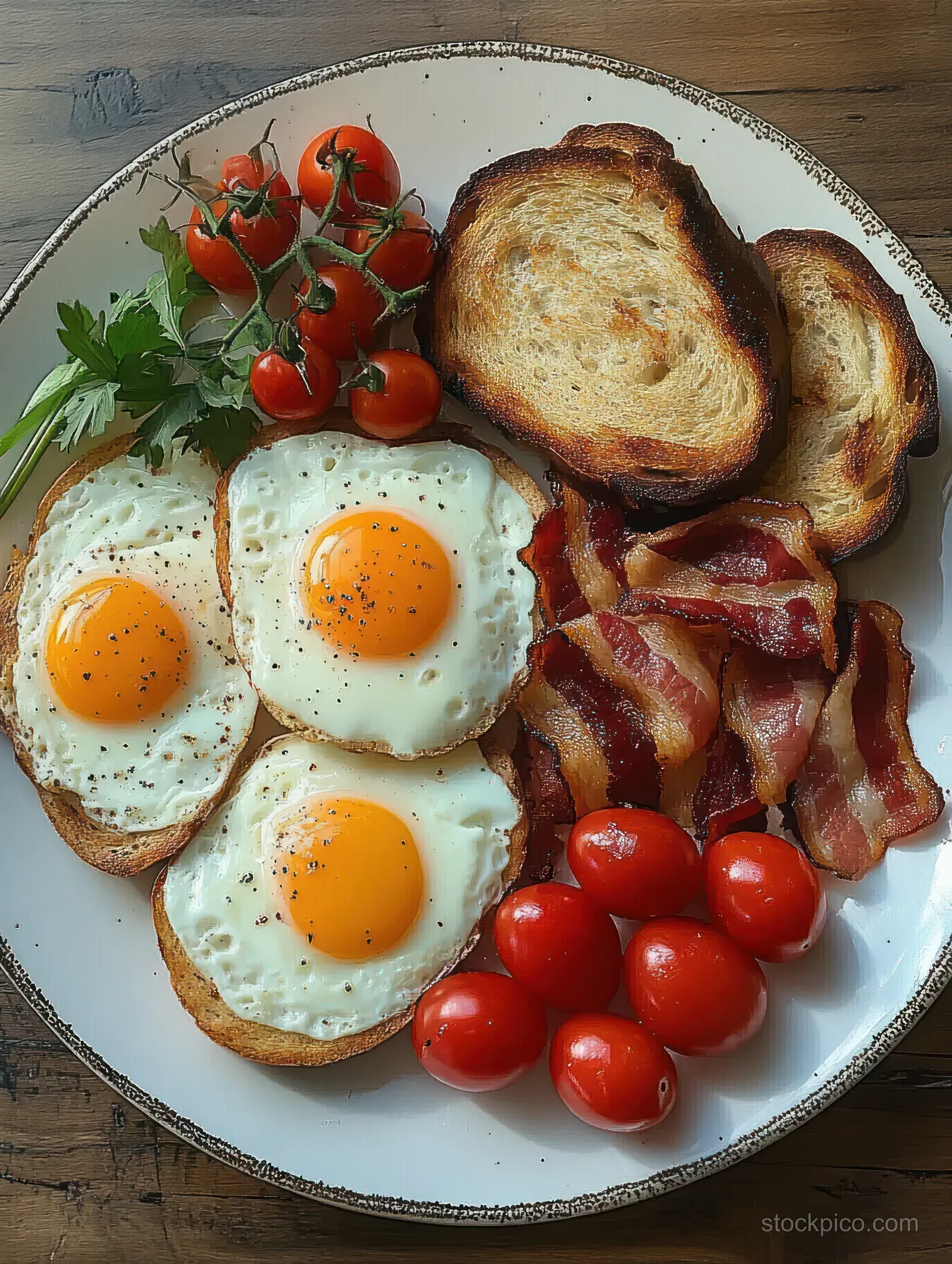Three sunny-side-up eggs on toast with bacon and cherry tomatoes on a plate atop a rustic wooden table.