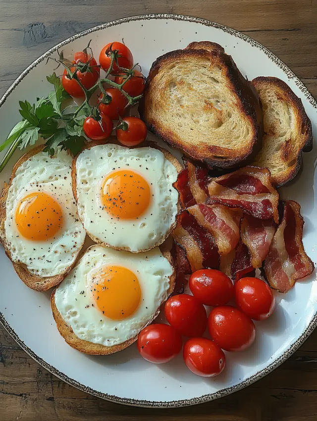 Three sunny-side-up eggs on toast with bacon and cherry tomatoes on a plate atop a rustic wooden table.