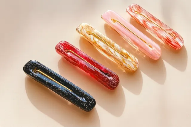 Five colorful rectangular resin hair clips with gold accents arranged in a row on a light surface with soft shadows.