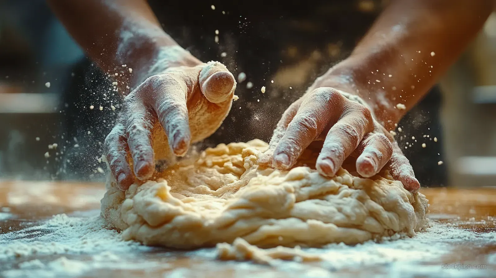 Baker kneads pizza dough on a floured board as flour dust sprays in a warm kitchen scene.