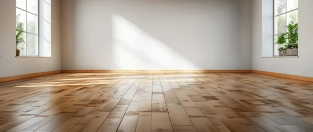 Minimal empty room with a white wall, light wood parquet floor, and sunlit rays entering from windows.