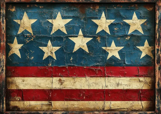 Distressed watercolor American flag with stars and red white blue stripes on a vintage closure sign background.